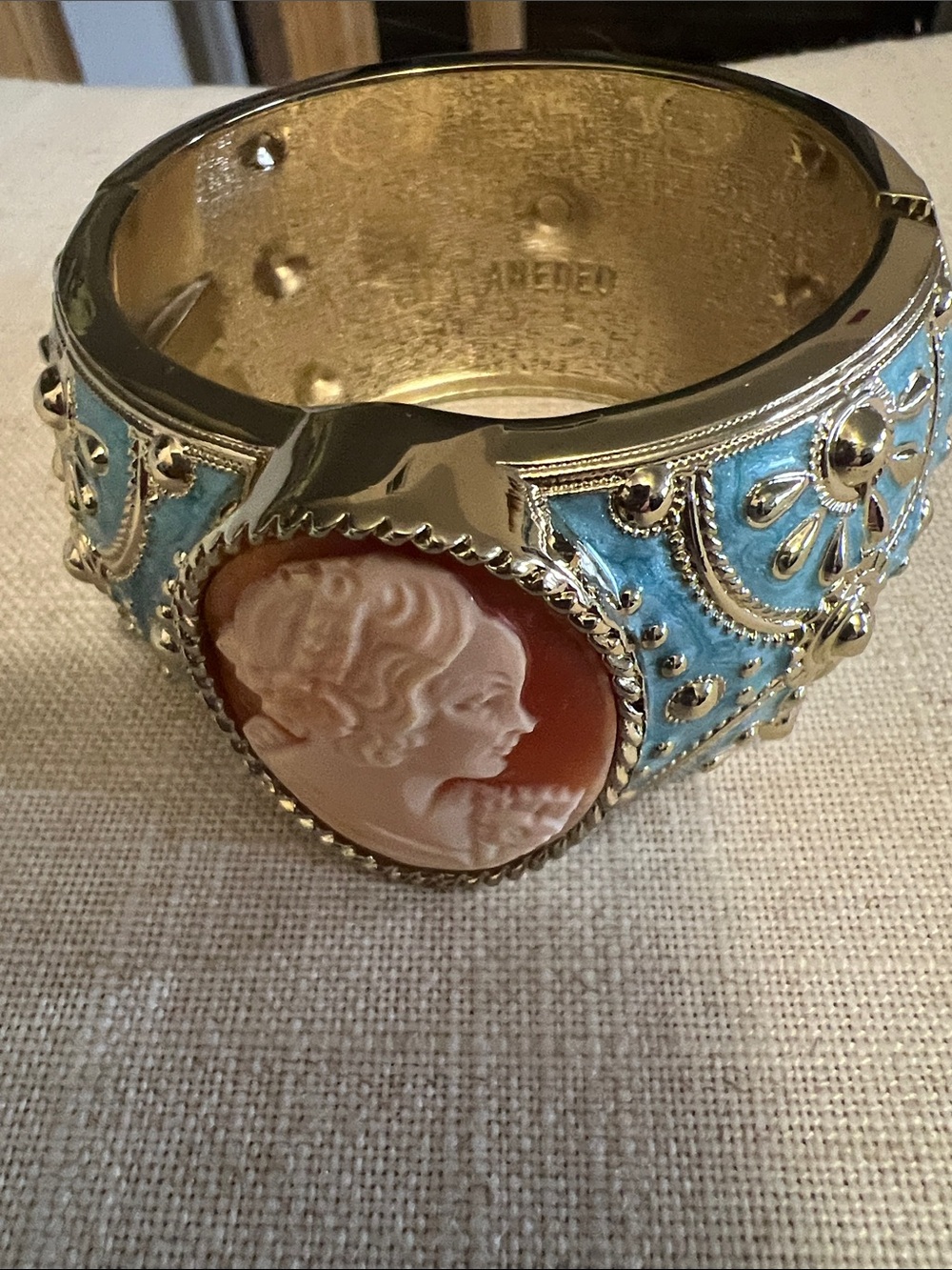 Gold-Tone Blue Enamel Cameo Statement Cuff Bracelet. Amedeo